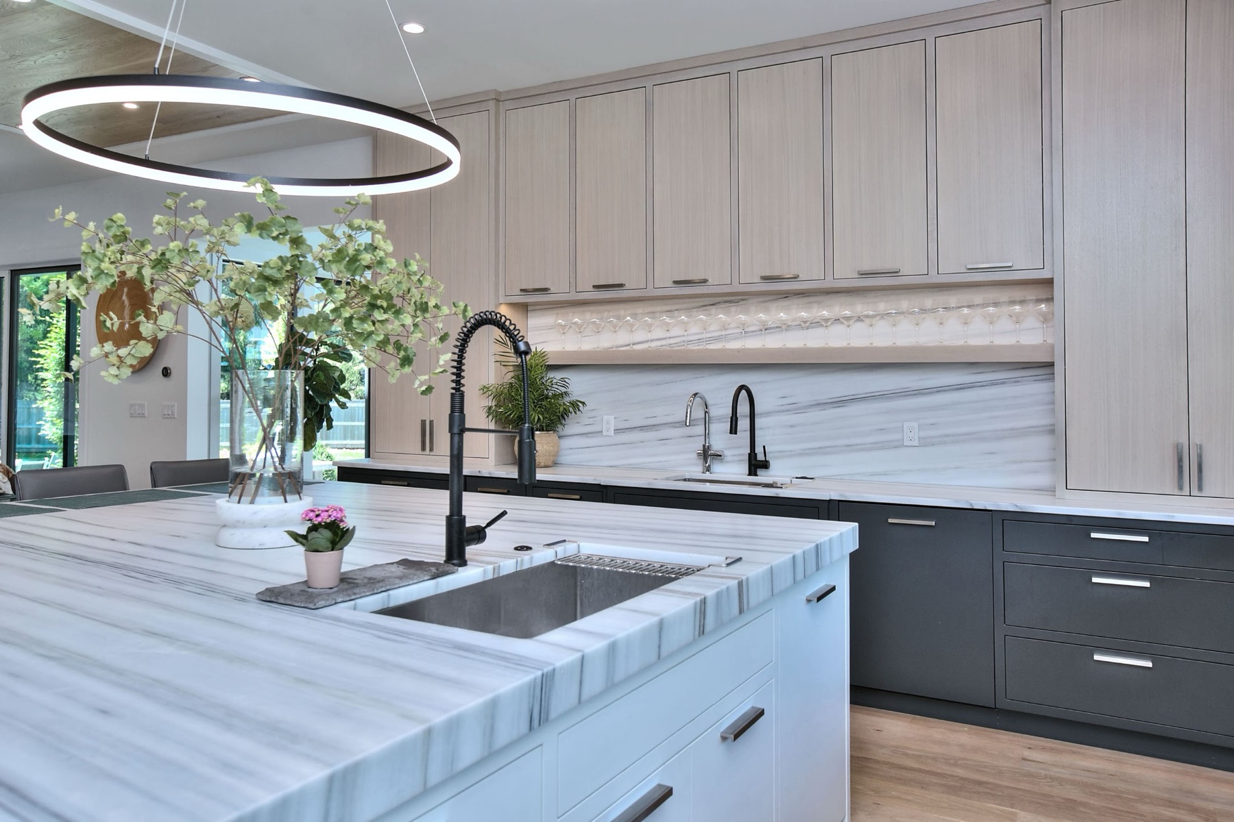 Marble island with a brass faucet